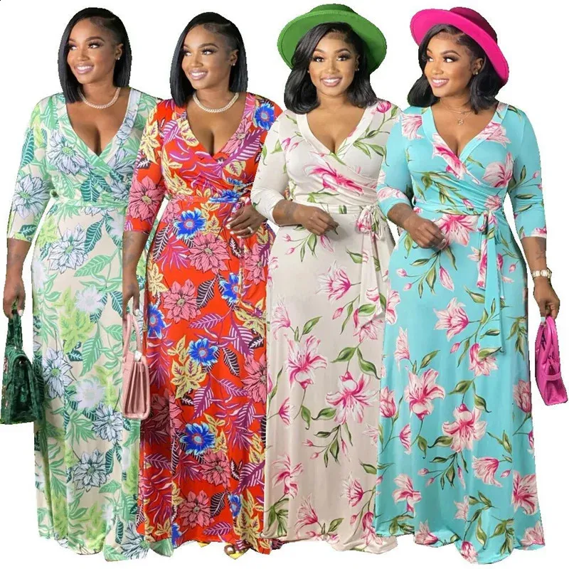 Elegant Floral Maxi Dress for Plus Size Women - 5XL with Sashes and Long Sleeves - Wholesale Drop (240810)