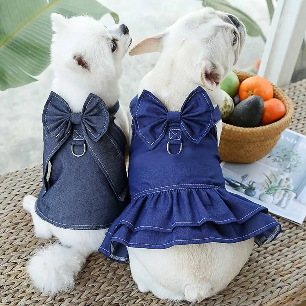 Wholesale Summer Dog Denim Denim Pinafore Dress Harness With Cute Bow Perfect For Outdoor Walking And Pet Clothes Includes Chest Strap And D Ring Y2408090FMO From Thomas store 2.81 DHgate.Com