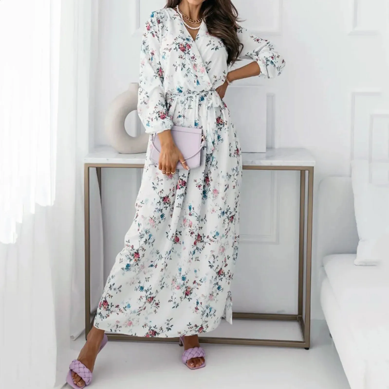 URMAGIC 4-13T Girls Long Sleeve Floral Pleated Swing Dresses Crewneck Casual Boho A Line Maxi Party Dress With Pocket