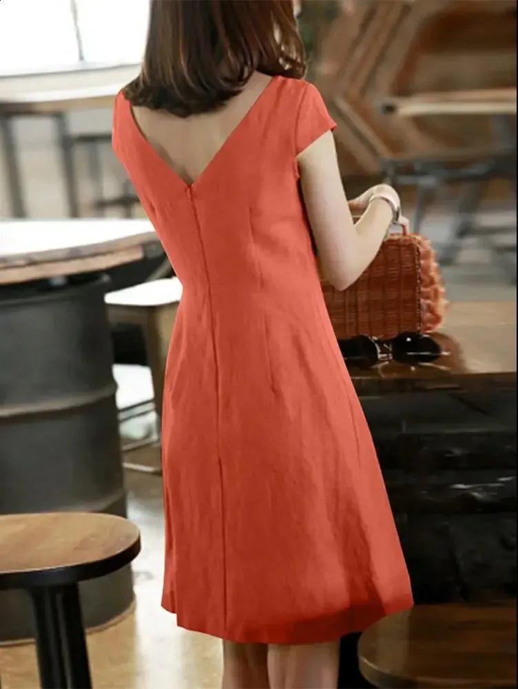Trendy Spring Cotton Linen Women's Dress - O-Neck, Short Sleeves, A-Line, Loose Fit - Casual & Fashionable Clothes for Ladies (240810)