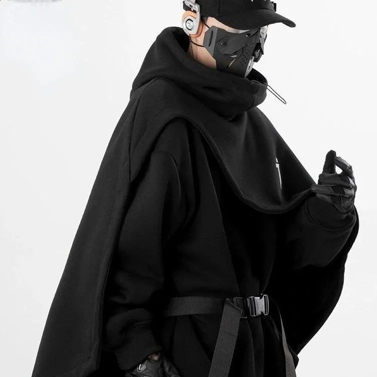 Mens Japanese Solid Color Cape Hoodie Windproof, Warm, And Loose 