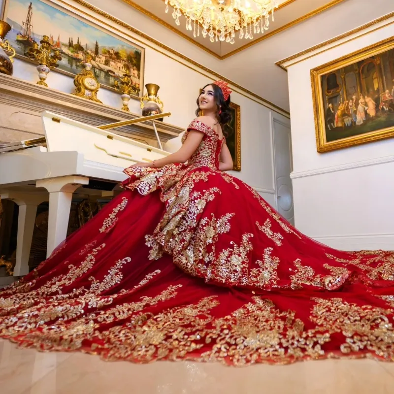 Red Off The Shoulder Gold Sequins Lace Appliques Pearl Ruffles Sweet 16 Ball Gown Dress with Sweep Train from Dhgate Quinceanera Dresses - price 699.94 Red Off The Shoulder Gold Sequins Lace Appliques Pearl Ruffles Sweet 16 Ball Gown Dress with Sweep Train from Dhgate Quinceanera Dresses - price 699.94