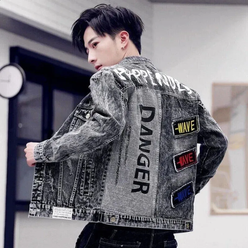 Autumn Men's Denim denim jacket Patch with Spliced Punk Autumn Men's Denim denim jacket Patch with Spliced Punk