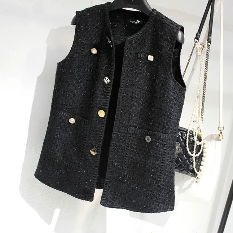 iNtimite Fancy Tweed Vest ベスト ブラック Elegant Tweed Waistcoat: Vintage Style V-Neck Sleeveless