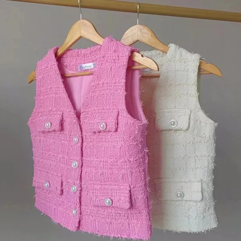 pois Tweed vest【Pink】 Fragrant Pink and White Tweed ladies denim vest for Girls