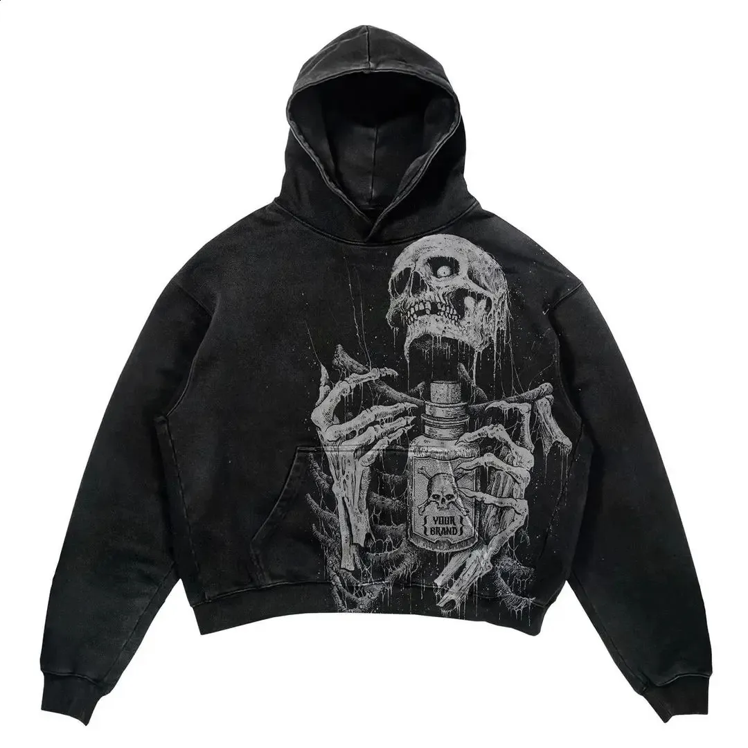 Y2K fashion skull print acetate hooded sweater for men and women
