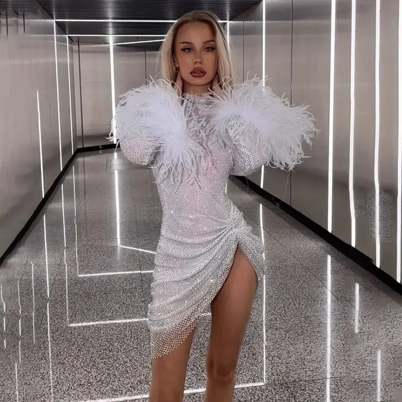 Sparkling Glitter Split Silver Dress for Women with Fur Cuffs - Elegant Mini Silver Dress for Women for Women's Fashion, Perfect for Parties and Clubs