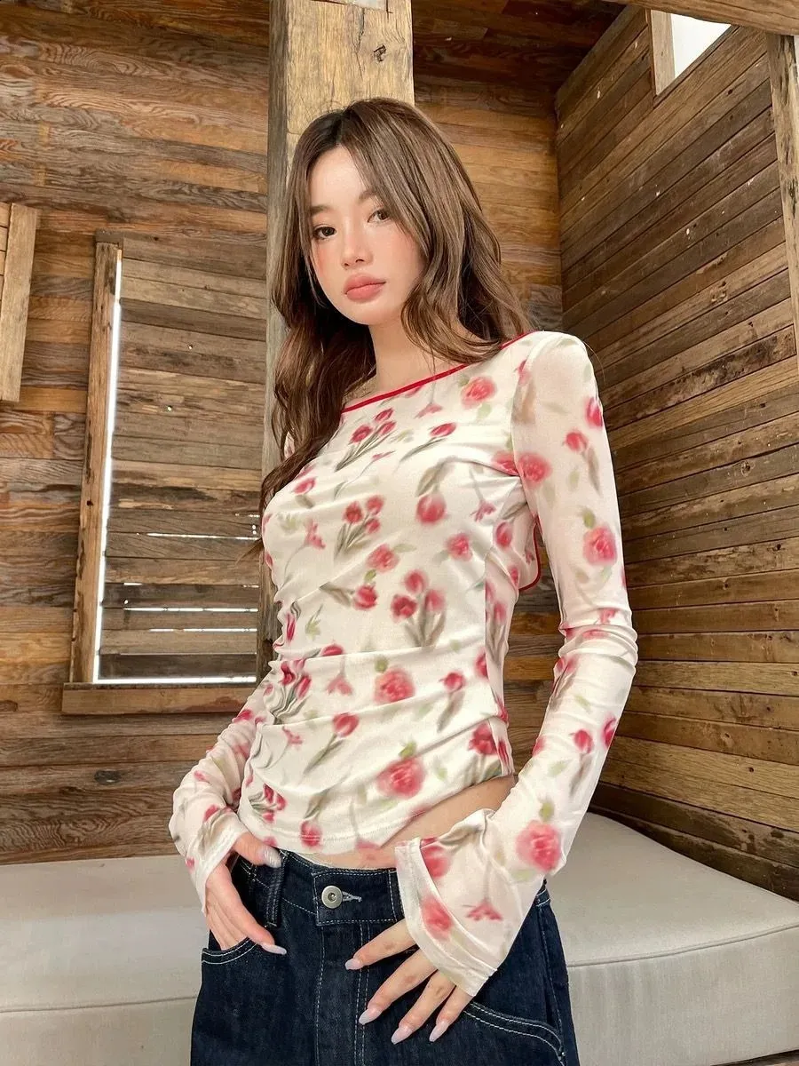 Save Big on Bulk T Shirt Rose Vintage Print T Shirt: Retro Rose Summer Top,  Y2k Backless Long Sleeve Mesh T Shirt For Women Best Deals on DHgate