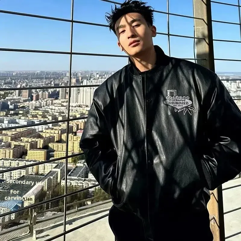 Premium Quality Men's Leather Bomber Jacket: Korean Style Loose Fit Shop  Now!