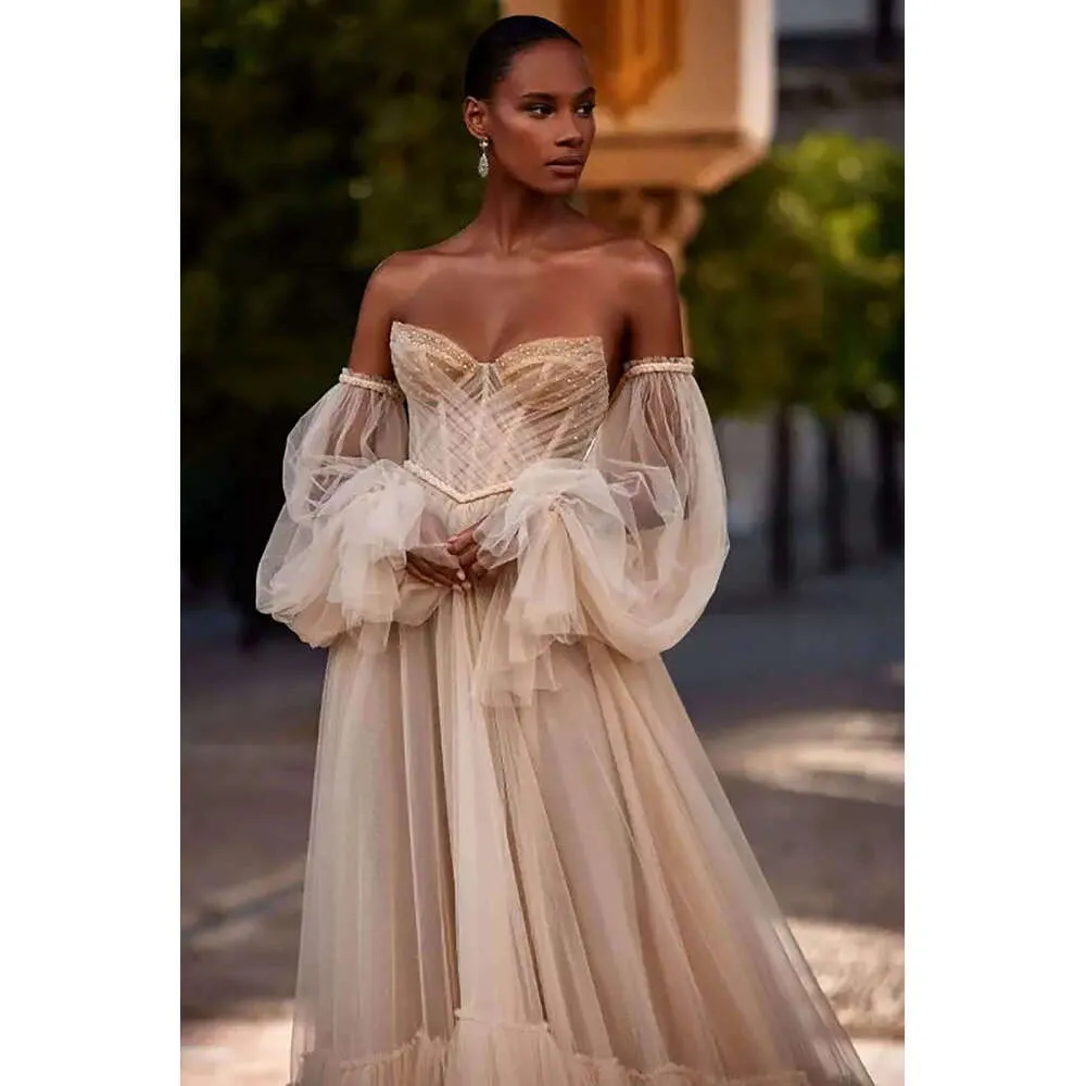 chic strapless organza a-line wedding dress with pearl accents Strapless Organza A-Line Wedding Dress with Pearl-Embellished Illusion Long  Sleeves
