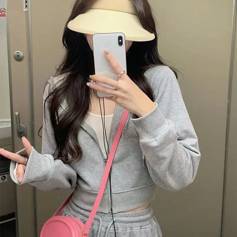 Womens Gray Womens Hooded Sweatshirts Cropped Coat Long Sleeve Thin Zip Up Jacket For Spring Casual Simple Slim Fit LU9 240812 From Charm clothes 24.62 DHgate.Com
