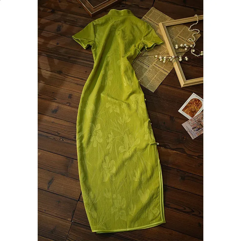 Green Cheongsam Improved Short Sleeve Vintage Dress for Women Elegant Qipao S 2XL