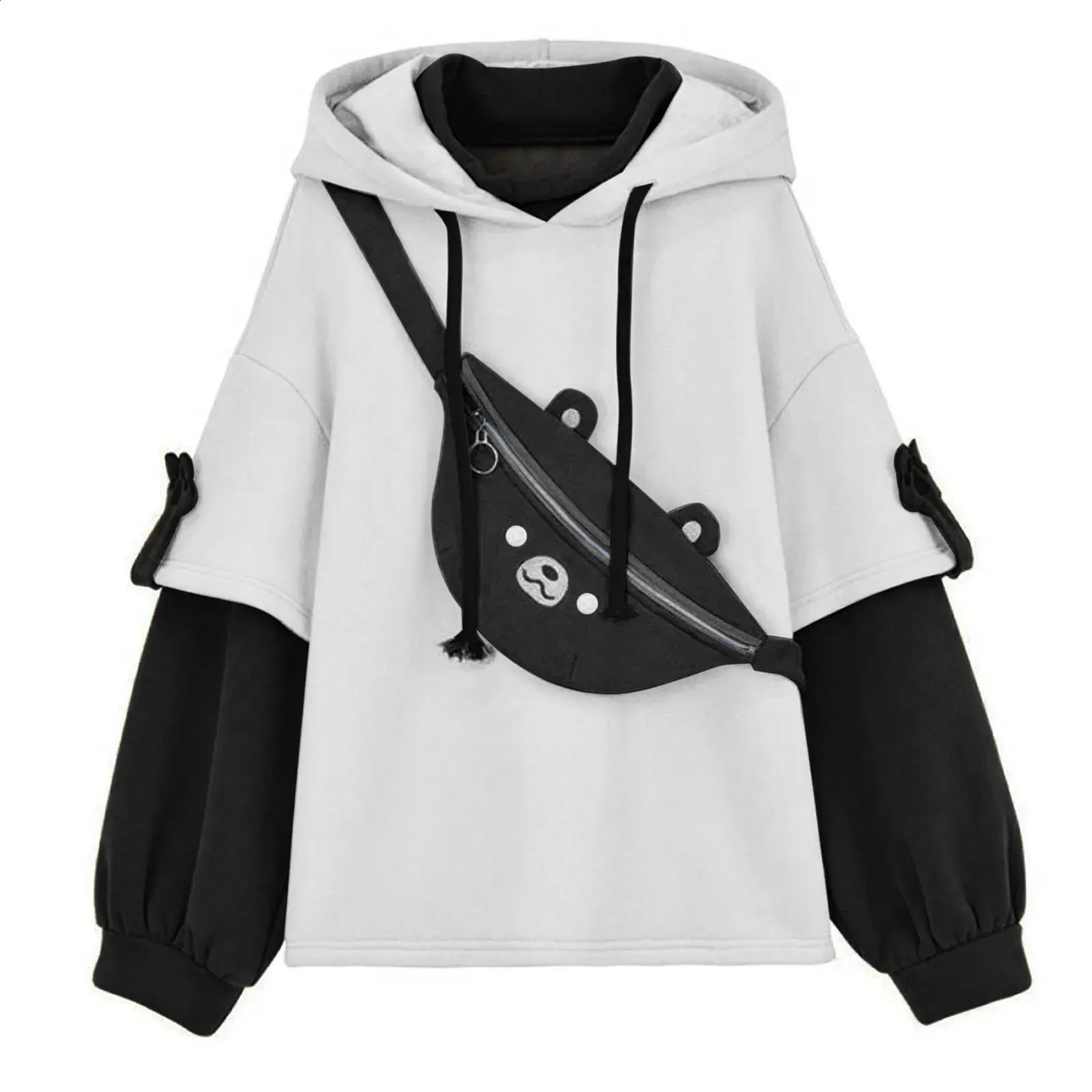 Kawaii Cute Oversize Hoodie With Bear Bag Womens Autumn Patchwork
