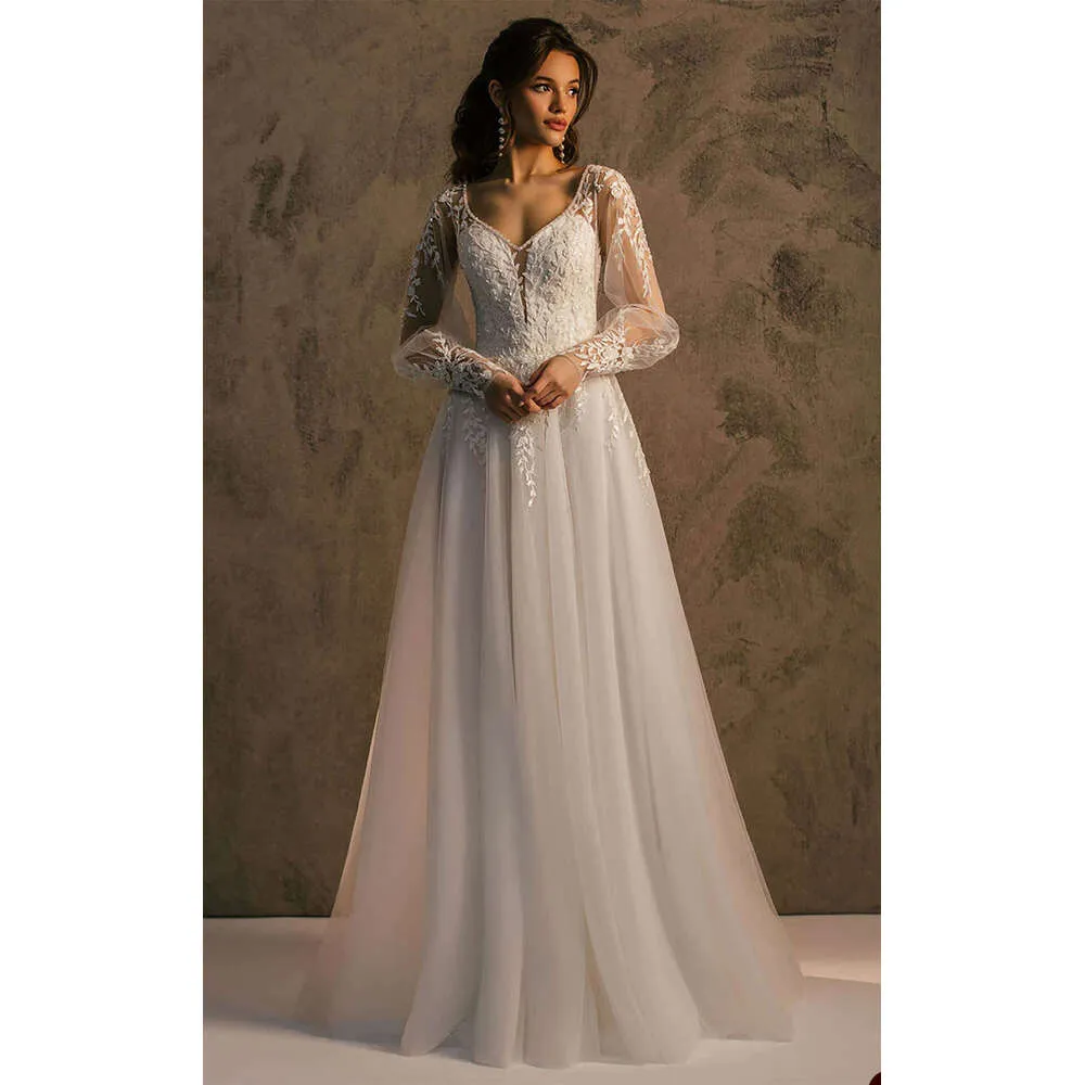 Floor Length A-Line Lace Bishop Sleeve Wedding Dress with Elegant Flowers Pattern - Custom Size Available