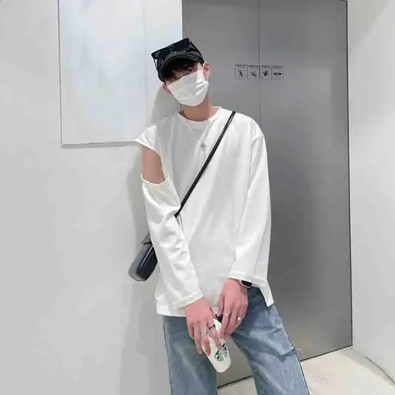 Cold Shoulder Slit Fork Long Sleeve Men T Shirts Summer Fashion