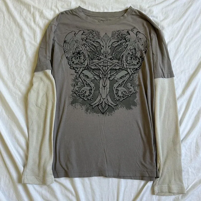 Vintage Cross Skull Print Tee - 90s Gothic Graphic Long