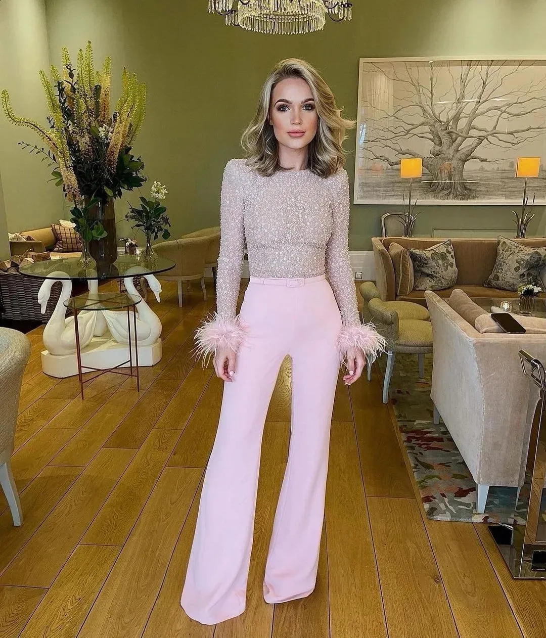 keng02 Elegant Feather Sequin Bead Party Jumpsuit for Women Shiny Oneck Ultra Thin Top for Spring and Special Occasions
