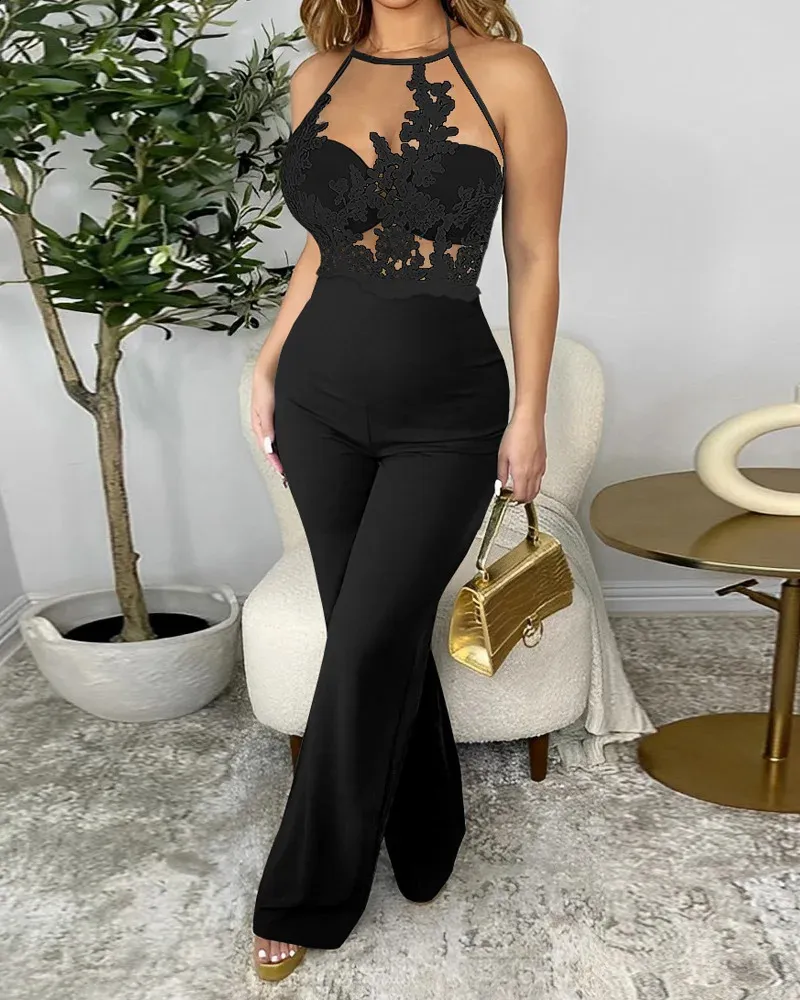 Sheer Mesh Jumpsuit With Lace Top: Spaghetti Strap From