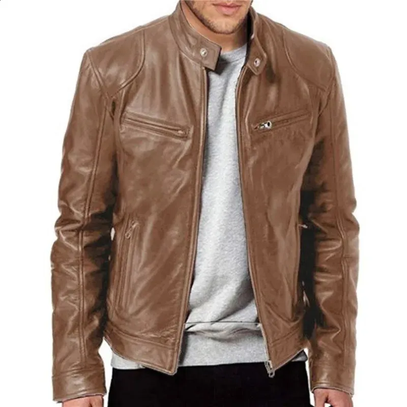 Men's Slim Fit Leather leather jacket with Stand Collar