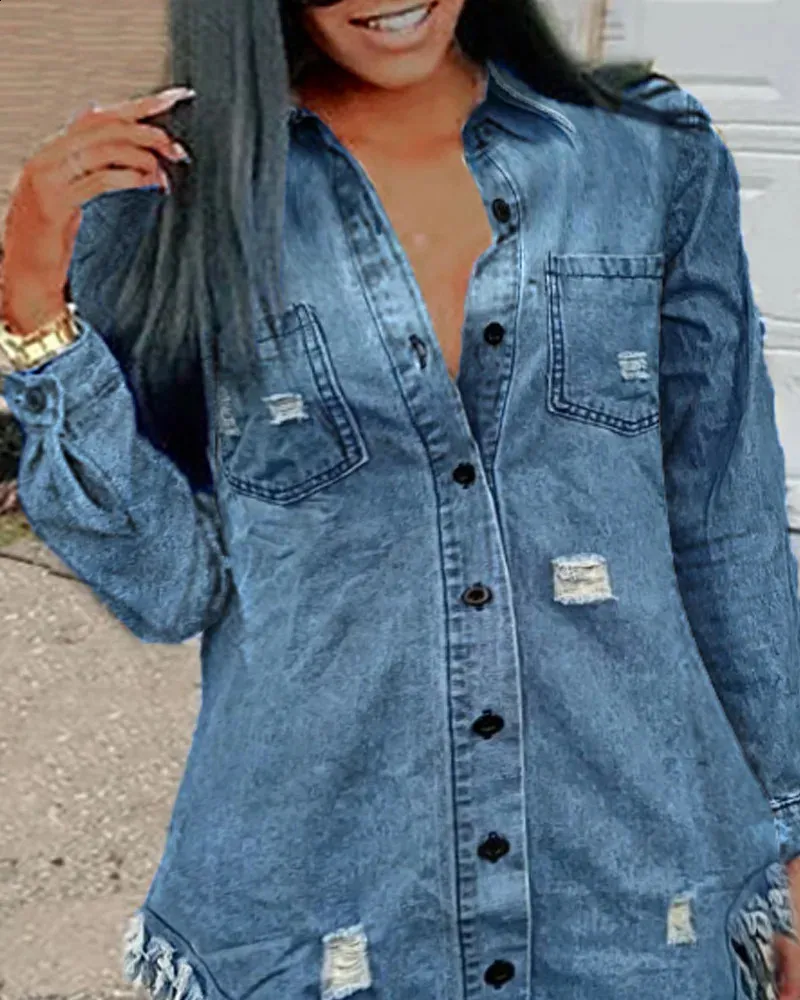 Women's Asymmetrical Denim Denim Tops for Women with Ripped Raw Hem, Pockets, and Single Breasted Button Detail