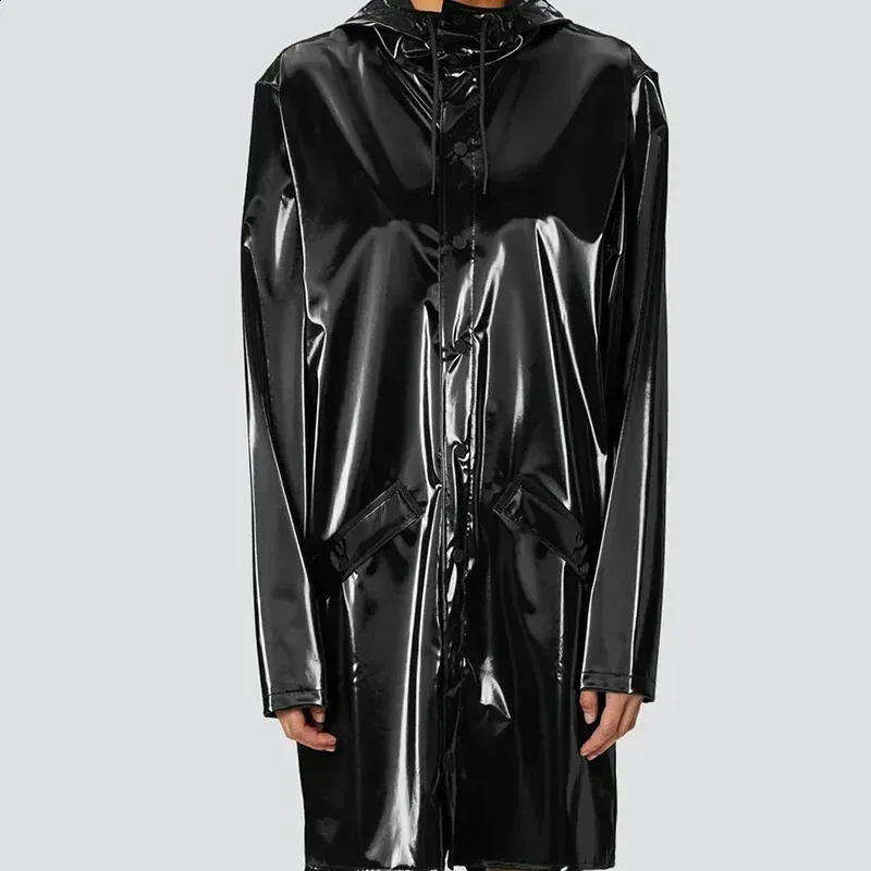 Men s Glossy Patent Leather Hooded Long Trench Coat Waterproof Single Breasted PVC Raincoat