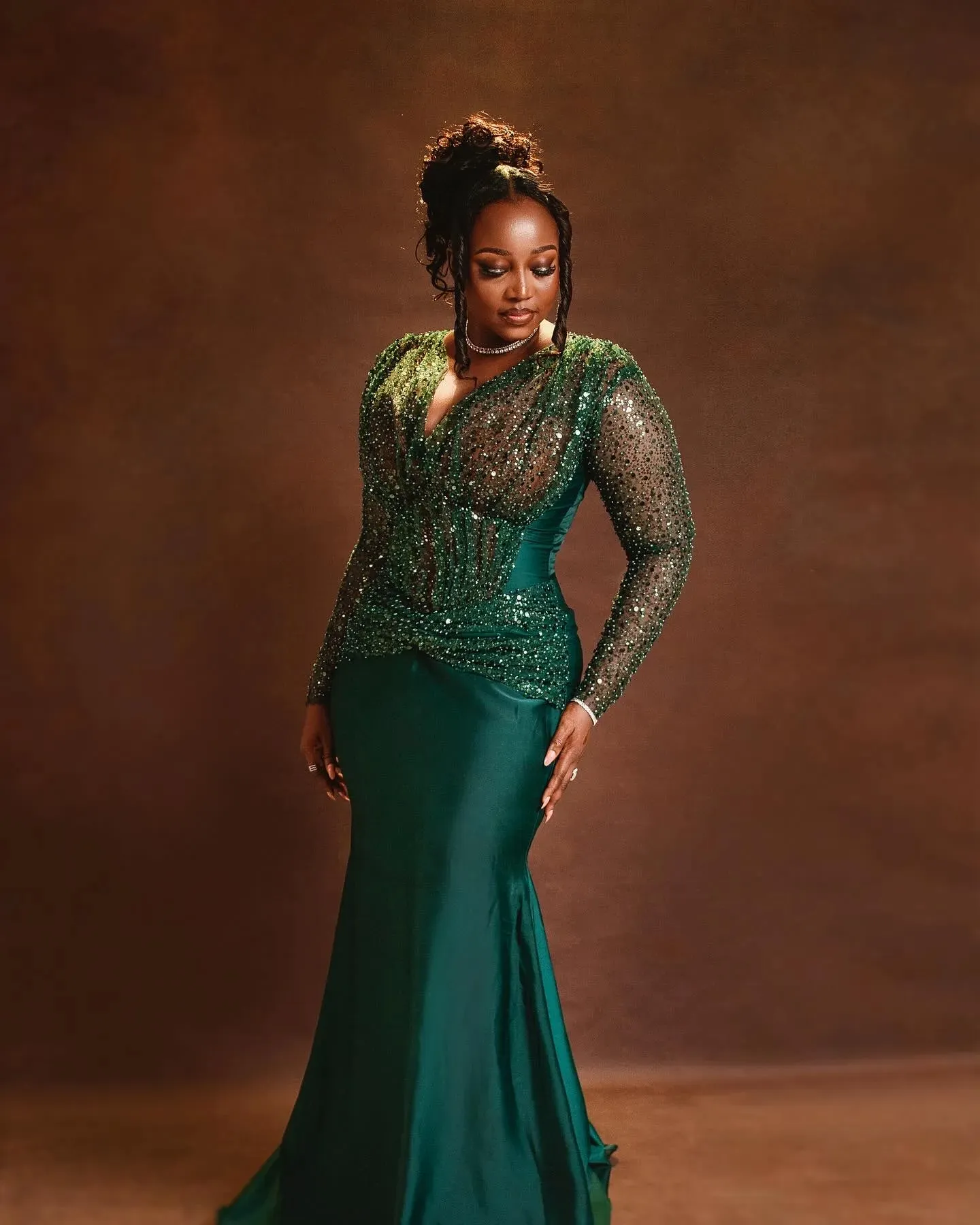Green Sequin Mermaid Prom Dress Aso Ebi Style Evening Gown For