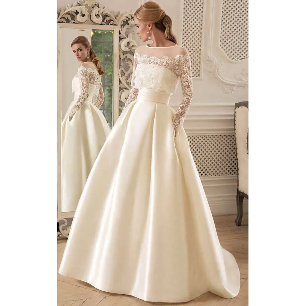 Custom-Size Elegant A-e Gown long sleeve wedding dresses with Appliques, Lace, and Big Boat Neckline in Vibrant Colors