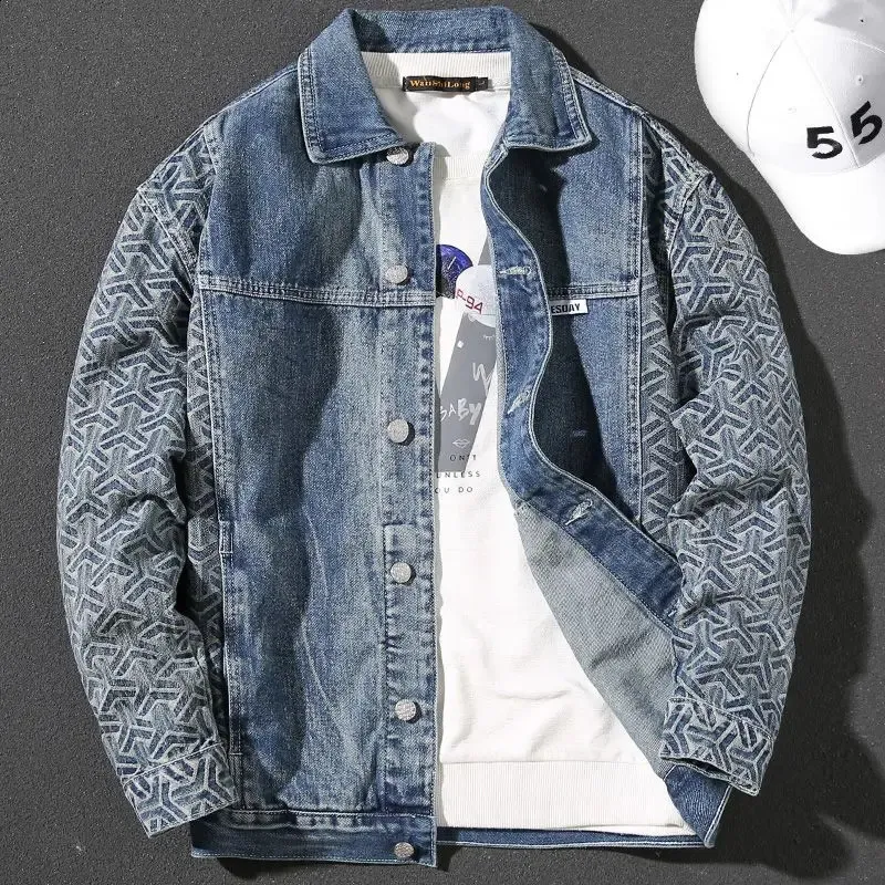 Mens Jean Jackets Splicing Geometry Denim Jacket for Men Blue Wide Shoulder Clothing Korean Original Low Price Fabric