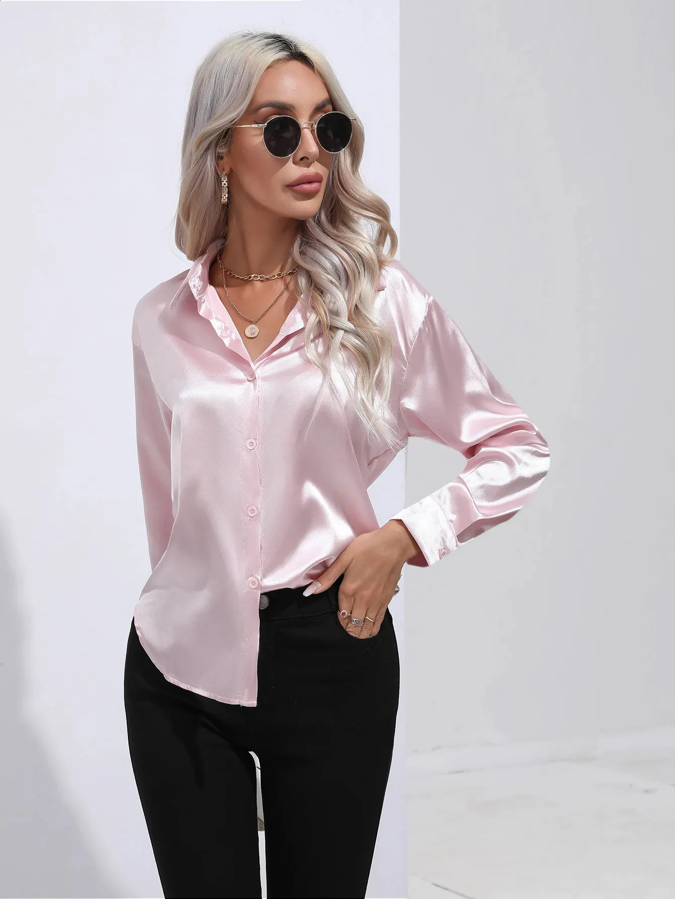 DHgate.com:Womens Satin Long Sleeve Shirt - Solid Color