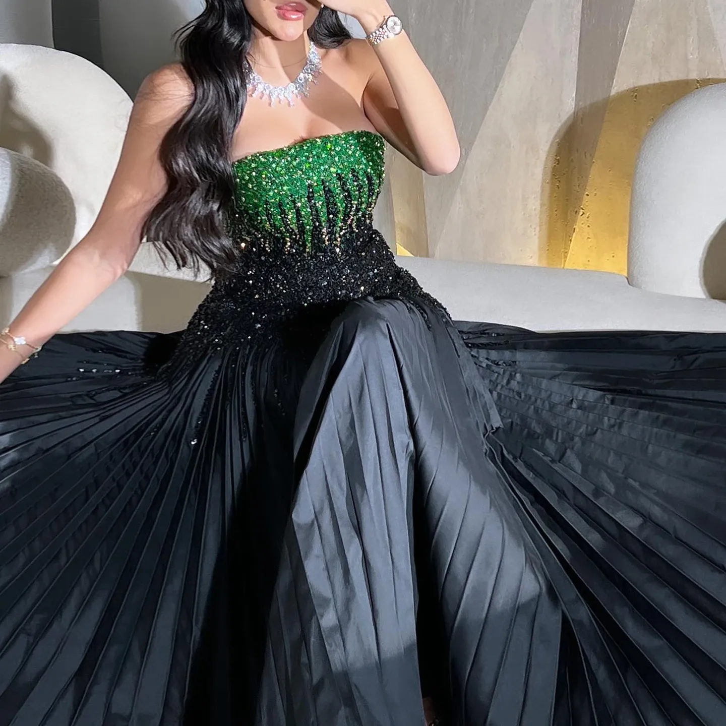 Black high low evening dresses taffeta strapless zipper sequin layered pleating 2025