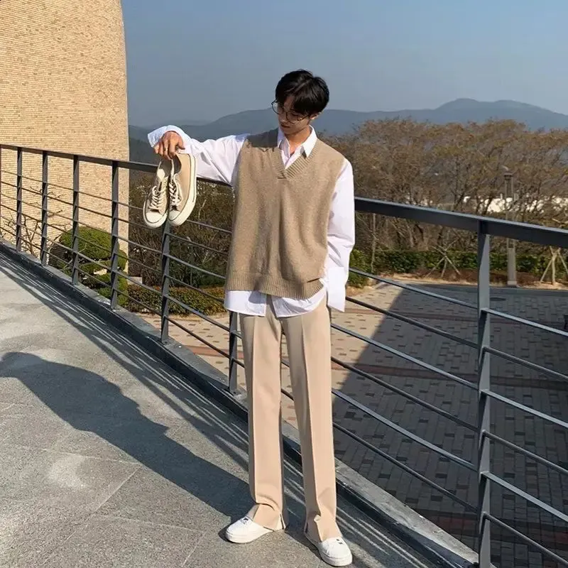 Save Big on Bulk Men's V Neck Sweater Vest Autumn Sweater Vest Mens Elegant  Casual Suit Handsome Long Sleeved V Neck Vet Khaki Trouser Piece/2 Piece 