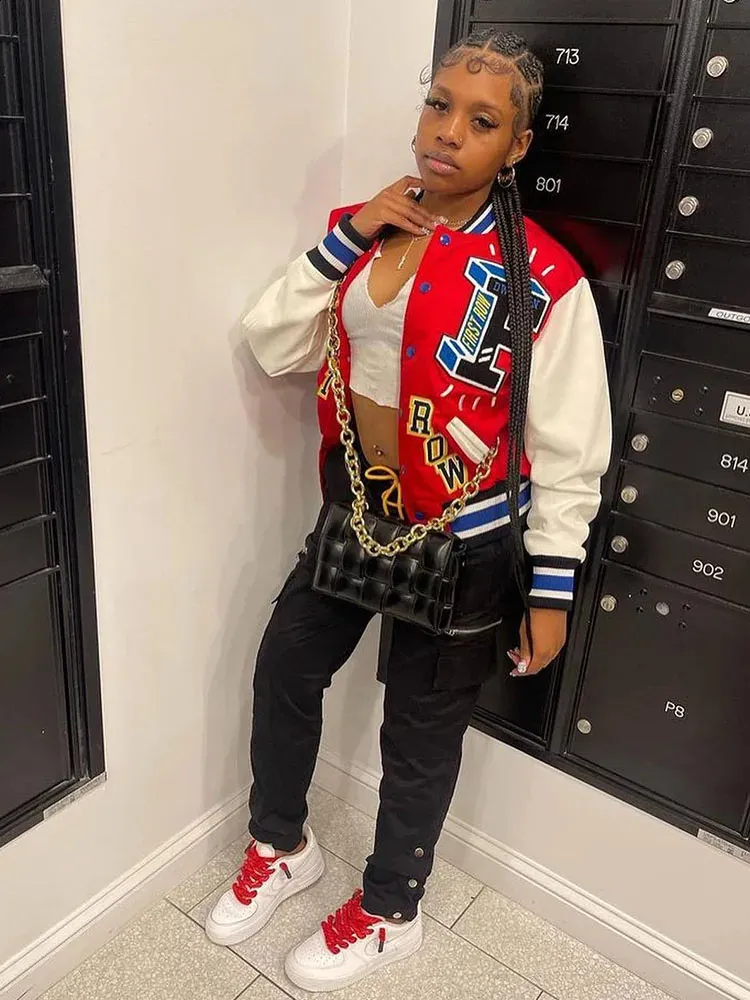 Womens Plus Size Ribbed Baseball Bomber Cropped Varsity Jacket Long Sleeved Winter Streetwear With Patchwork Design Wholesale Direct From Work Cropped Varsity Jacket 240813 From Domainstore 30.19 DHga...