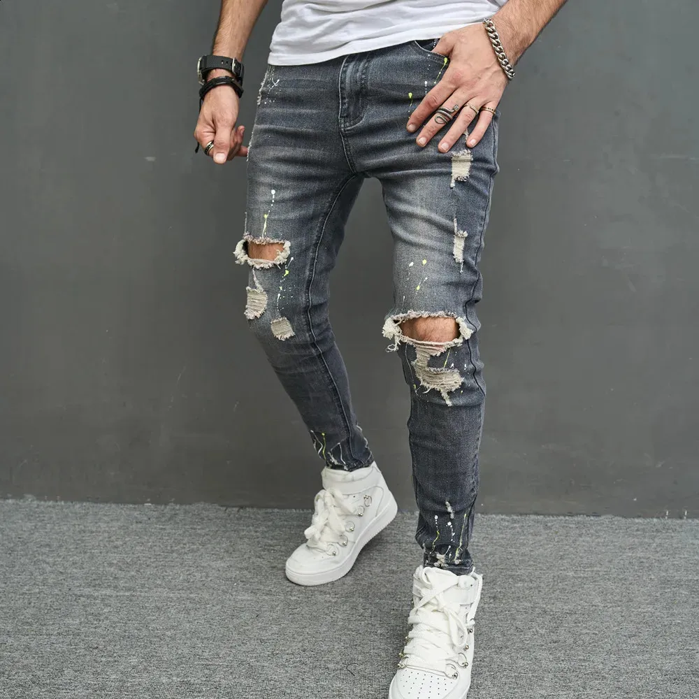 Save Big on Bulk Jeans Male Hole Skinny Mens Ripped Jeans: Stylish Slim Fit  Distressed Denim Pants For Streetwear, Black Ripped Skinny Jeans Guys,