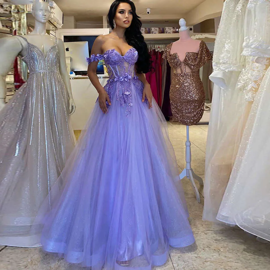 white christmas dresses Off Shoulder Sequin Lace Tulle Tiered Long Sweep Train Prom Dress, Sli main image 1