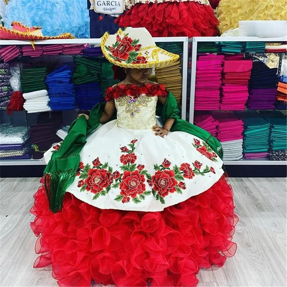 White and Red Organza Ball Gown with Ruffles, Appliques, Crystals, and Mexican Charro - Perfect for Quinceanera, Weddings, Pageants, Baby Showers,
