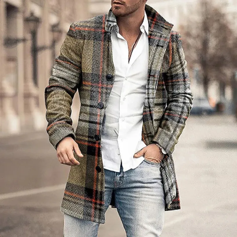 Plaid Men s Single Breasted Long Jacket Stylish Winter Coat for 2024