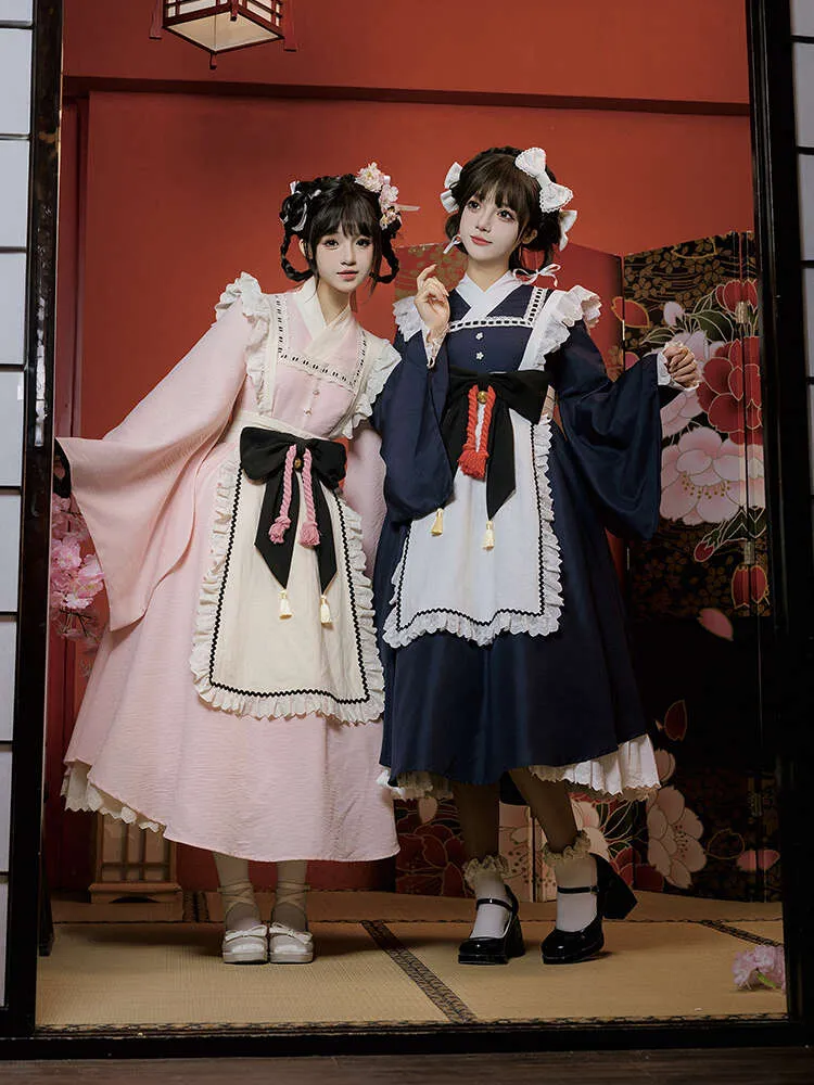 Kawaii Maid Cosplay Outfit Long Lolita Dress, Anime Style Kimono with  Bow, Sweet Spring Girl Costume, Black/Pink