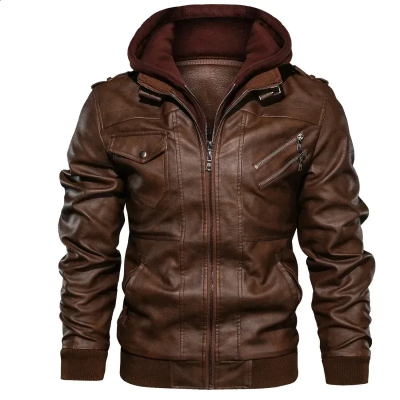 Mens Leather Motorcycle Jacket Hooded PU Coat with Detachable Cap