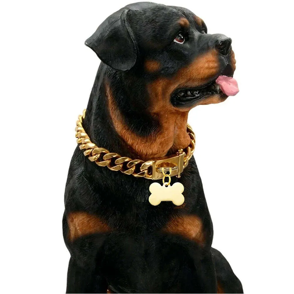 Gold Stainless Steel Cuban Chain Dog Collar with Bone-Shaped ID Tag for  Small, Medium, and Large Dogs
