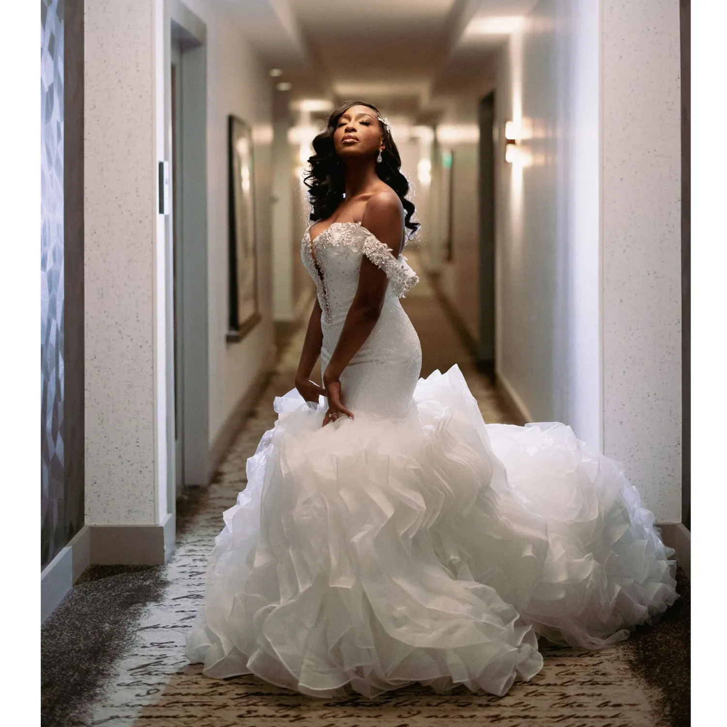 organza mermaid wedding dress with lace-up back Allover Lace Mermaid Wedding Dress w/ Stunning Back Cutout