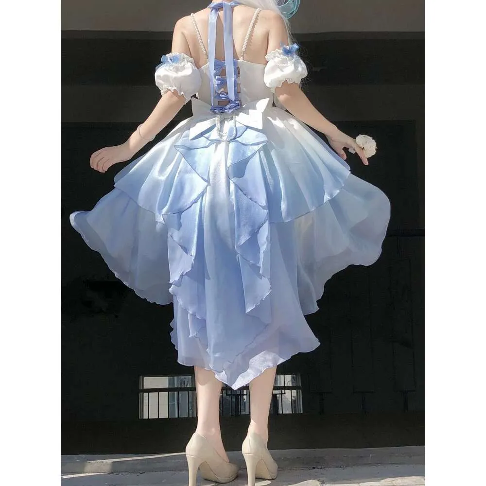 princess polly baby blue dress Anime-style blonde woman in a light blue Victorian dress with a white  parasol, standing in a vibrant flower garden. on Craiyon