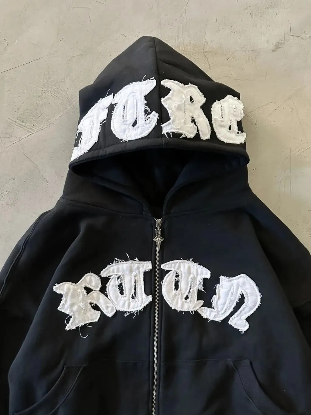 Y2K Gothic Letter Patchwork Zip Up Black Zip Up Hoodie For Y2K Gothic Letter Patchwork Zip Up Black Zip Up Hoodie For