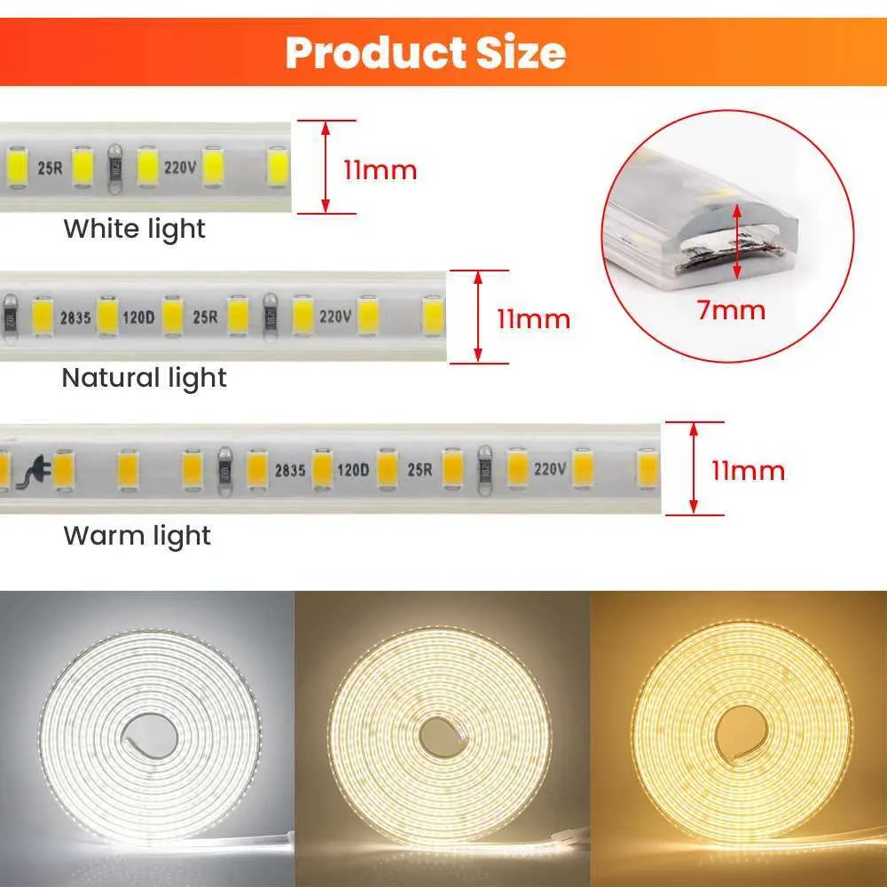 AC220V 2835 LED Strip Light Waterproof IP65 120 LEDs