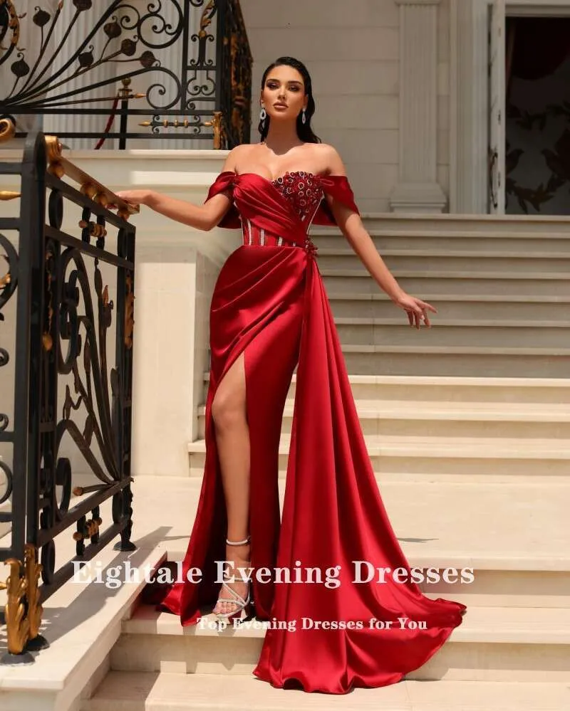 green emerald velvet dress Red Mermaid Off Shoulder Long Prom Dresses with High Slit, Red Mermaid –  Shiny Party main image 0