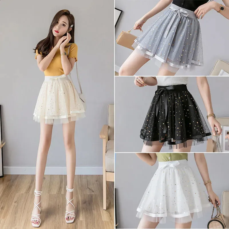 Star Sequined Mini Tulle Skirt: High Waist A-Line Evening