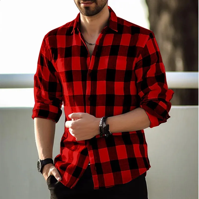 Mens Red Checkered Shirt Long Sleeved Button Up Lapel Shirt, Loose