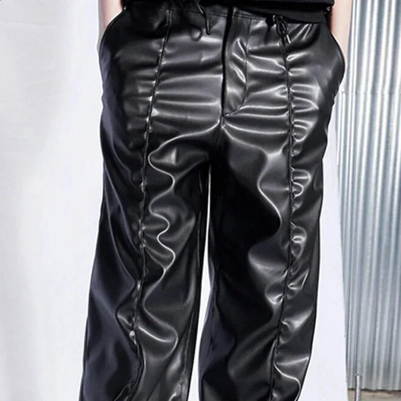 Mens Faux Leather Pants: Loose Wide Leg Pleated Cargo Pants With