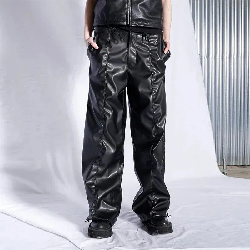 【M】LAST NEST Baggy Leather Cargo Pants Mens Faux Leather Pants: Loose Wide Leg Pleated Cargo Pants