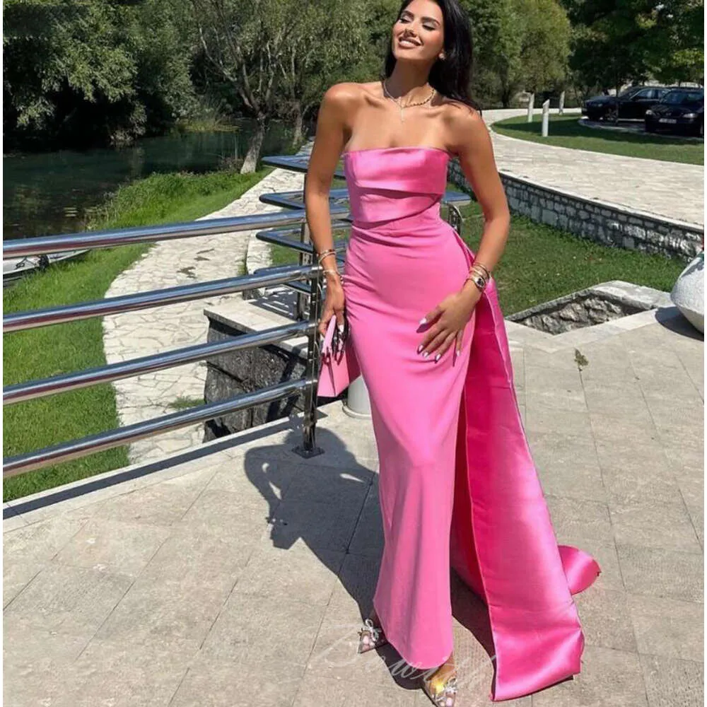 Pink Strapless Evening Gown with Mermaid Flowing Skirt for Special Occasions Pink Strapless Evening Gown with Mermaid Flowing Skirt for Special Occasions