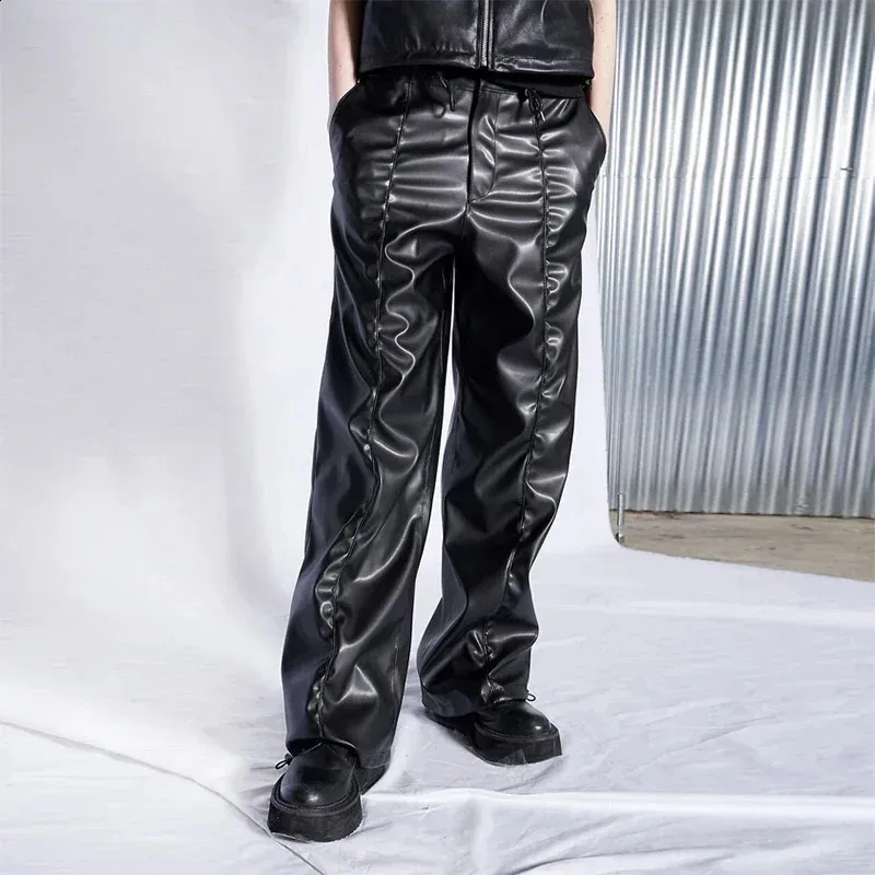 Mens Wide Leg Cargo Pants: Premium Faux Leather, Pleated
